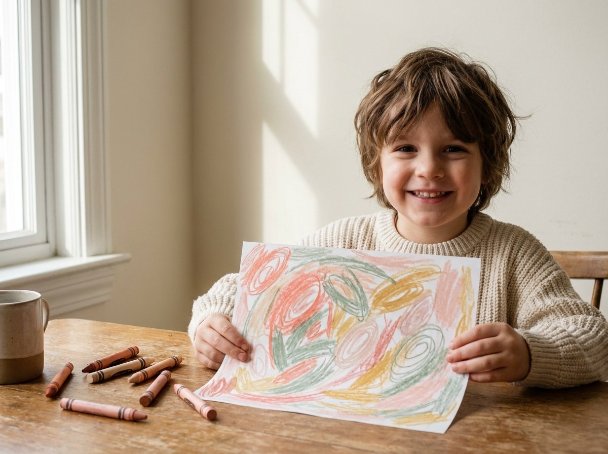 Child proudly showing coloring page